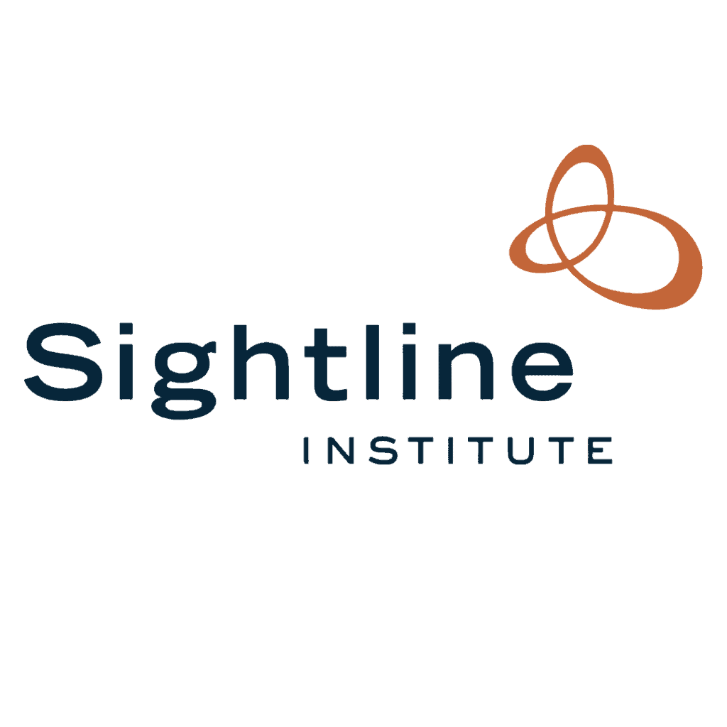 Sightline Institute logo with abstract orange design and dark blue text.