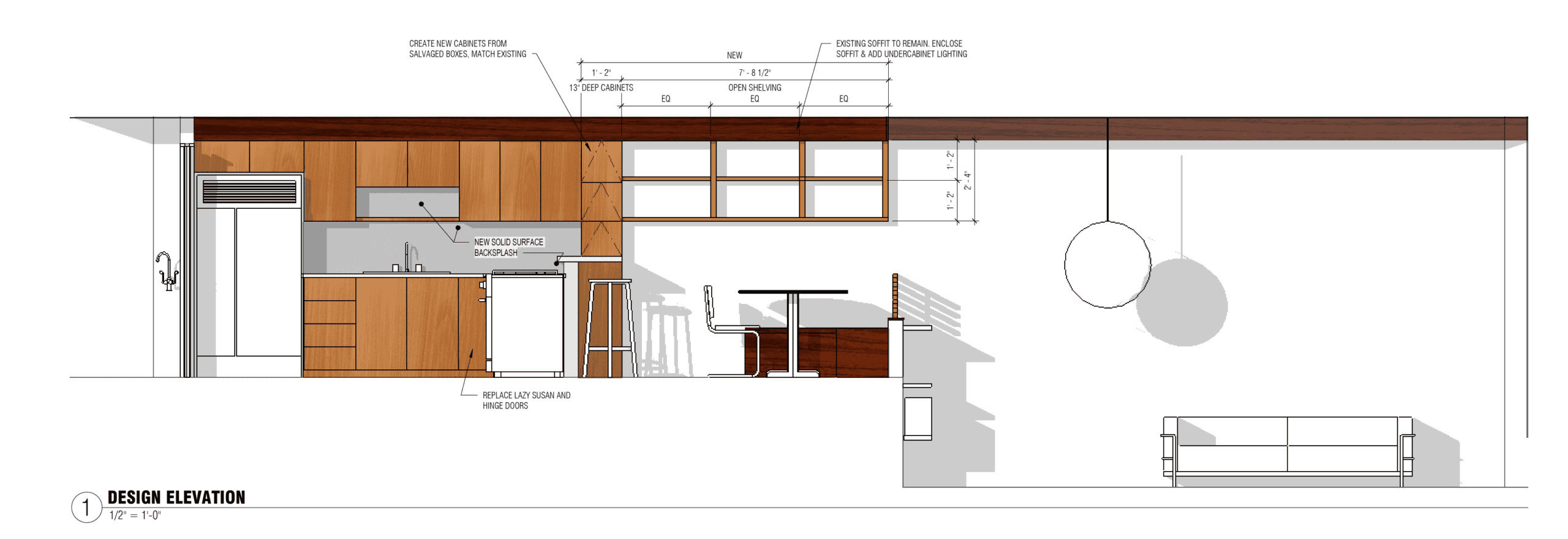 Interior kitchen and dining area of prairie-style townhome with modern design elements.