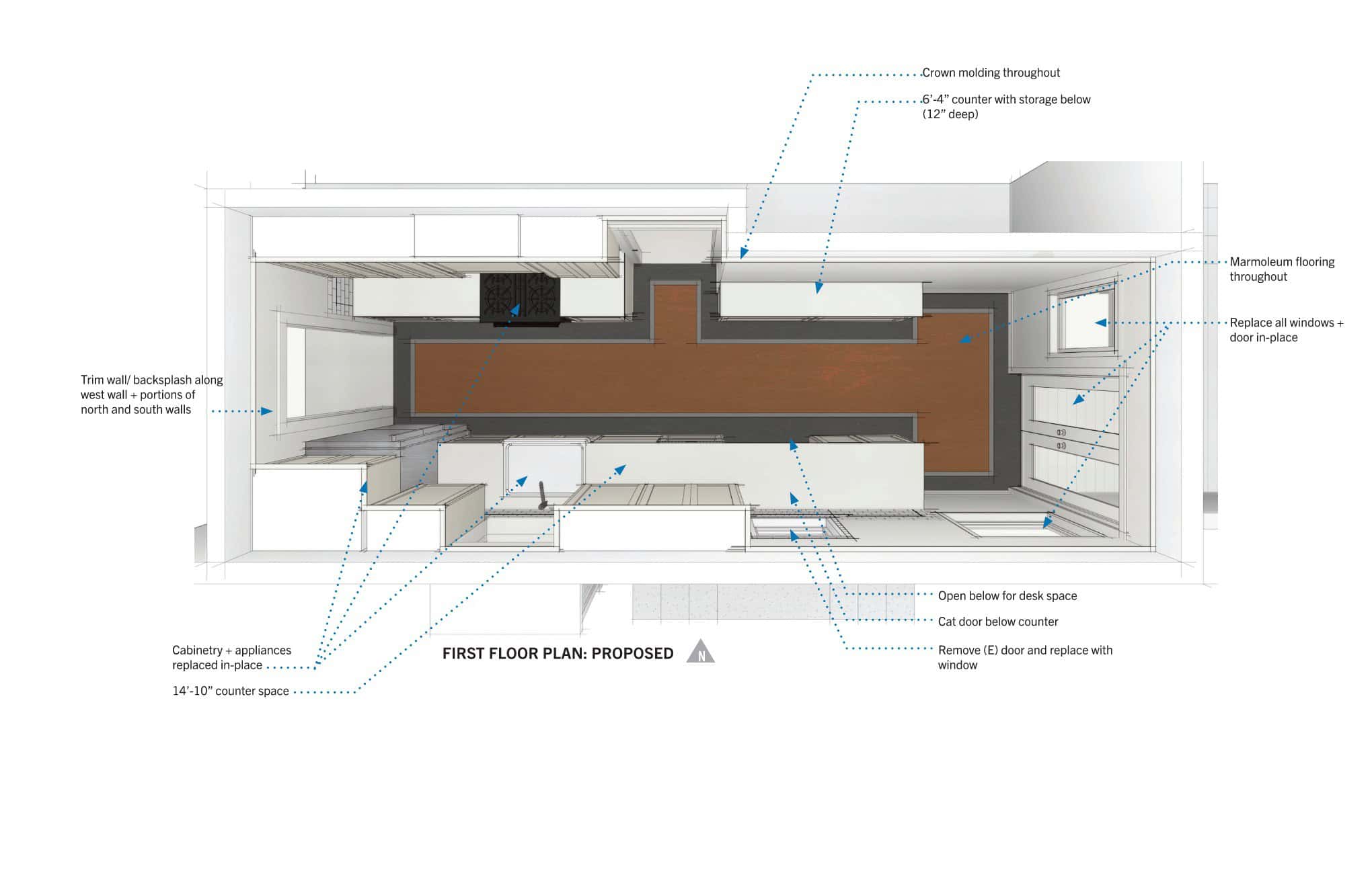 Proposed first floor kitchen plan with cabinetry, flooring, and storage details.