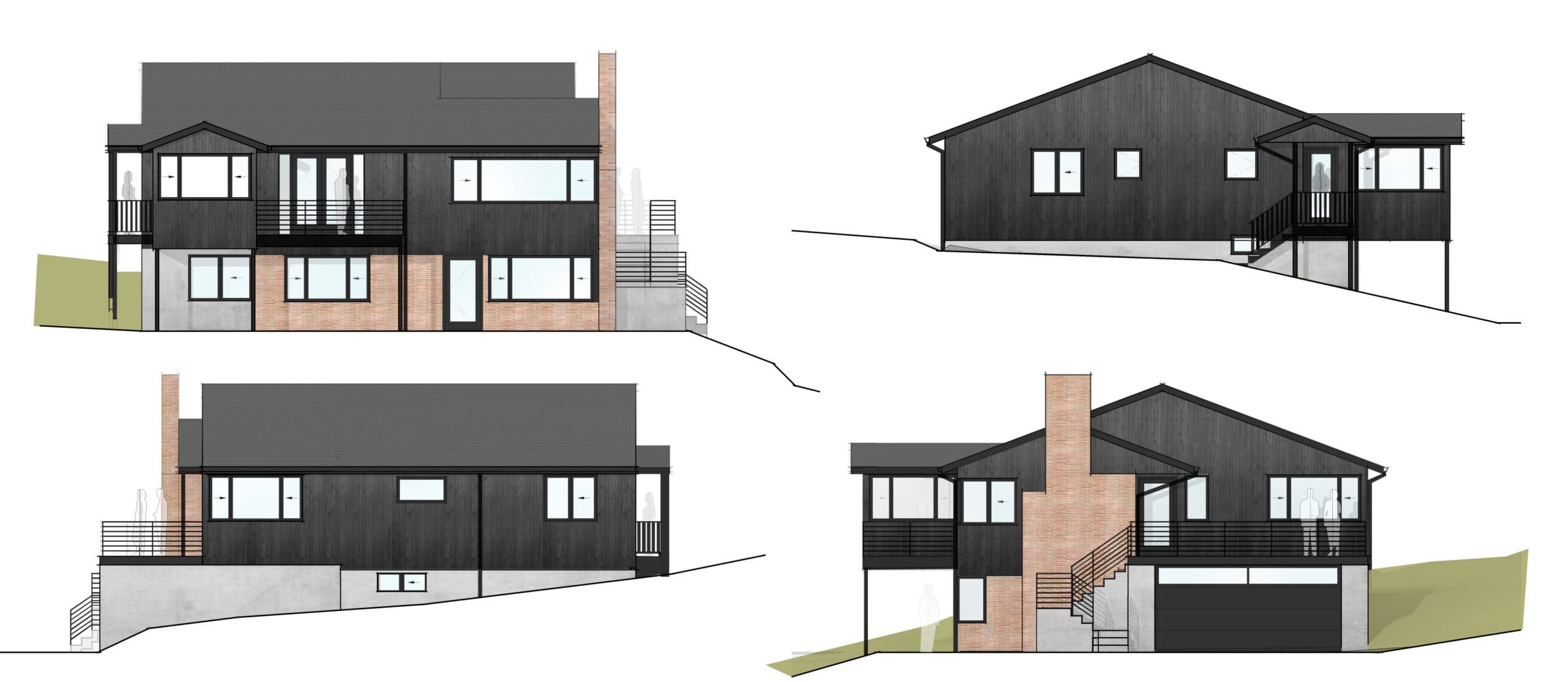Modern residential building design with multiple elevations and outdoor stairs.