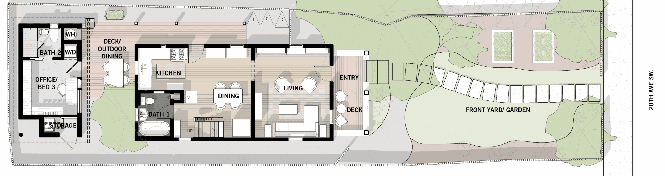 Modern backyard studio with deck, garden, and outdoor dining area in Seattle.