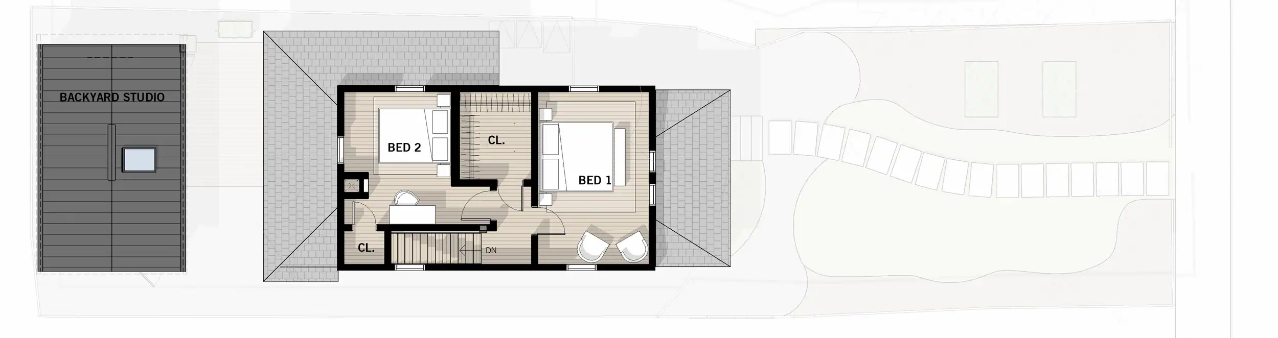 Floor plan of a backyard studio with two bedrooms and storage space.