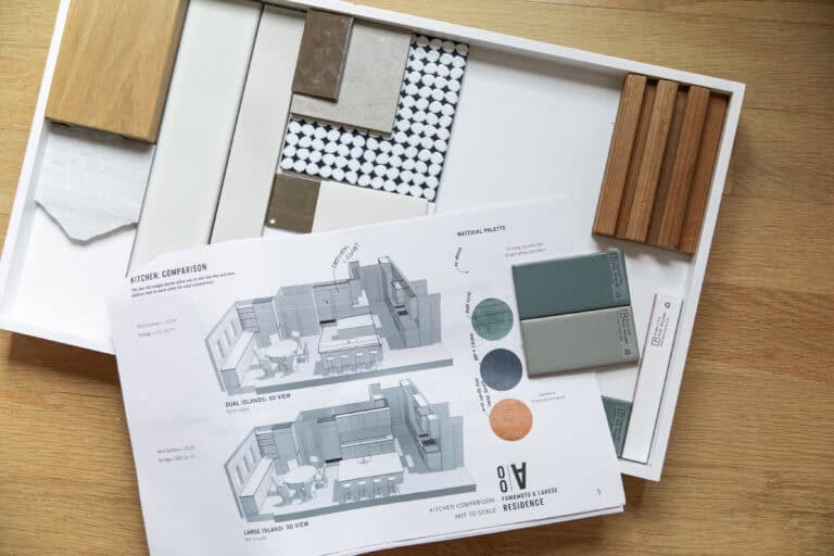 Interior design materials and plans for Office of Ordinary Architecture project.