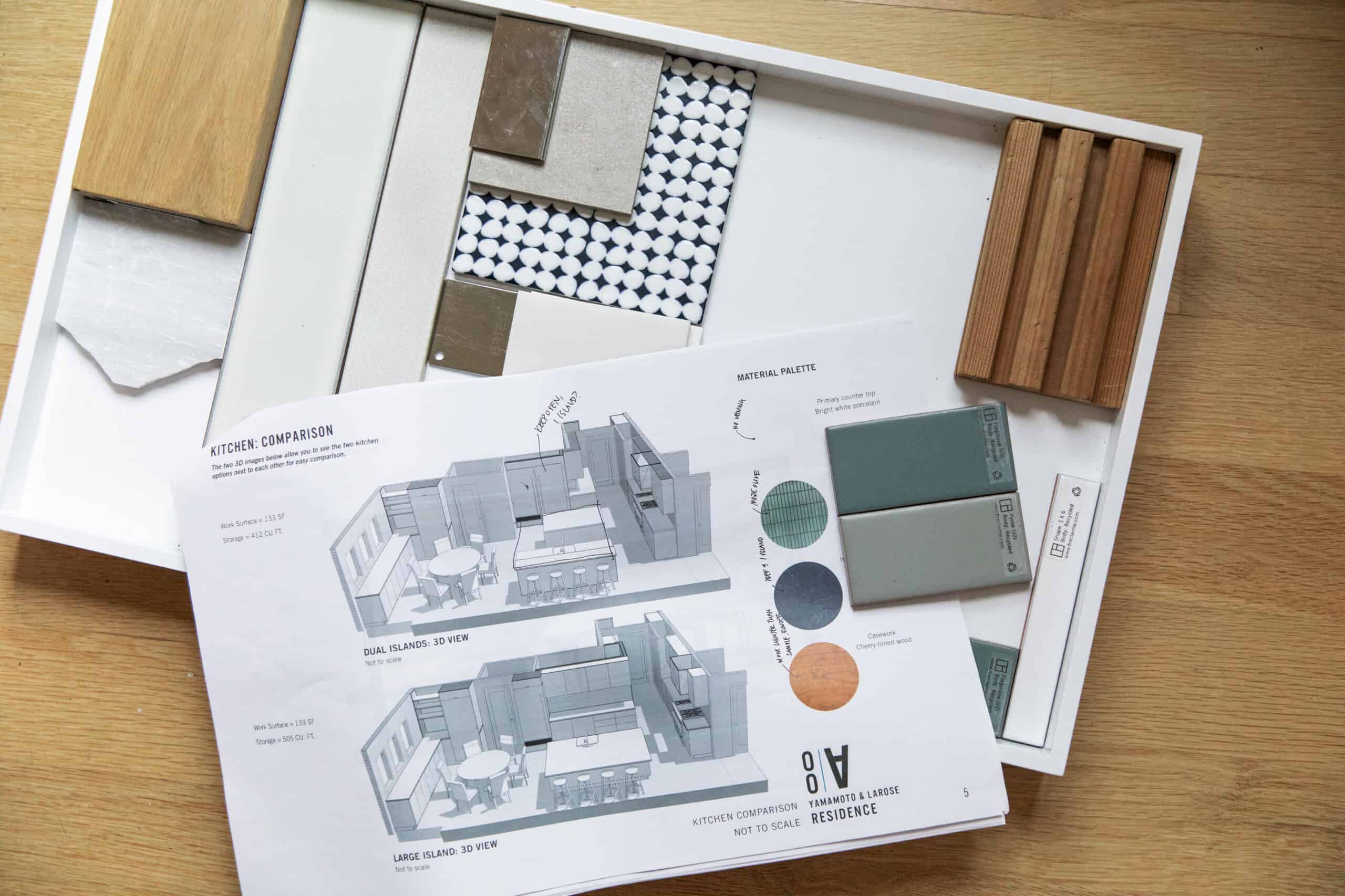 Interior design materials and plans for Office of Ordinary Architecture project.