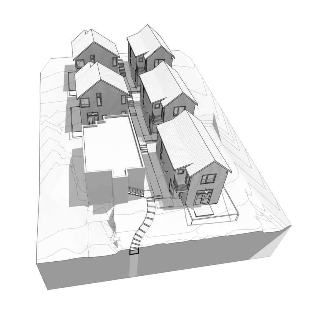 Architectural model of a residential community with multiple houses and pathways.