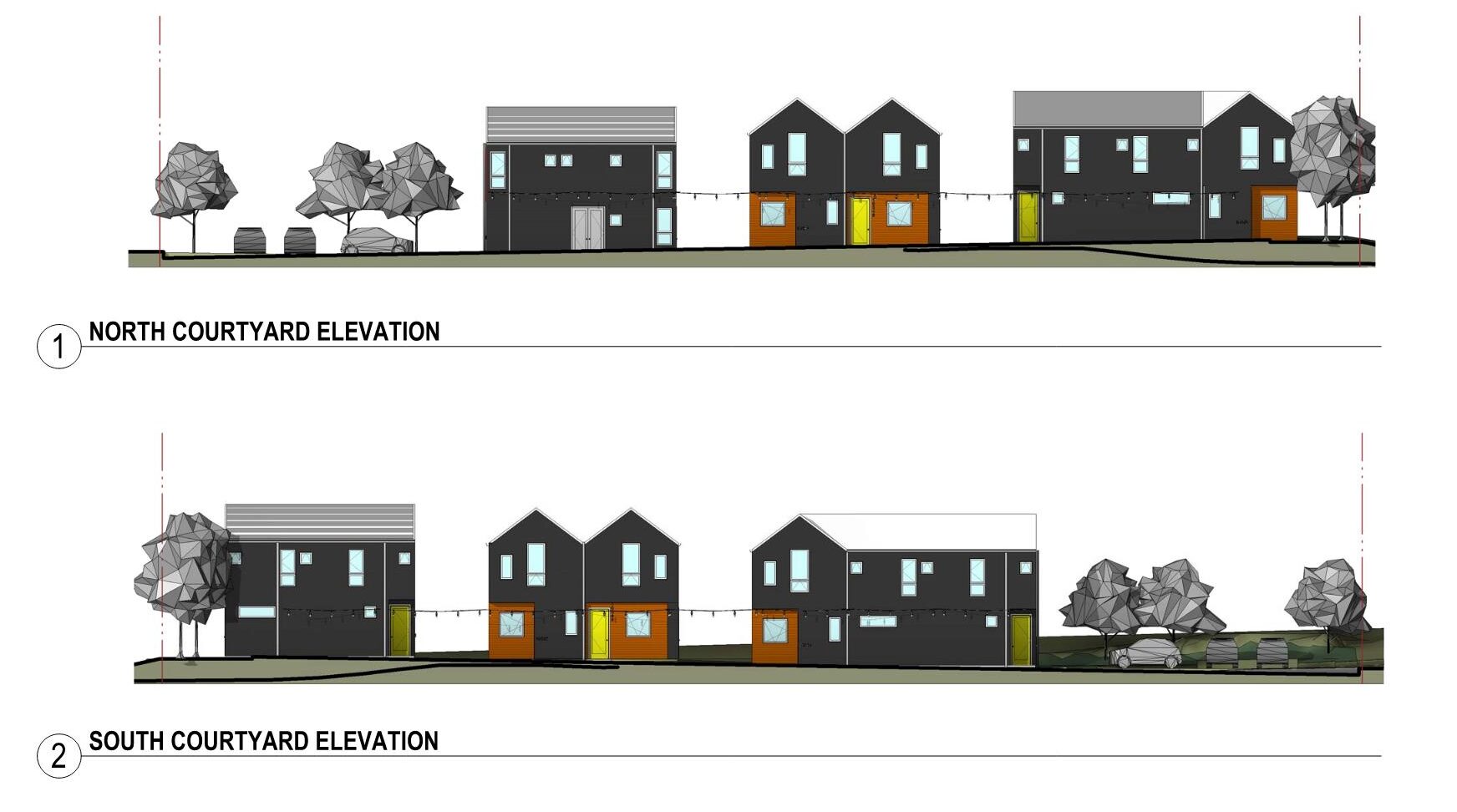 Architectural elevation drawings of North and South courtyards for community housing project.