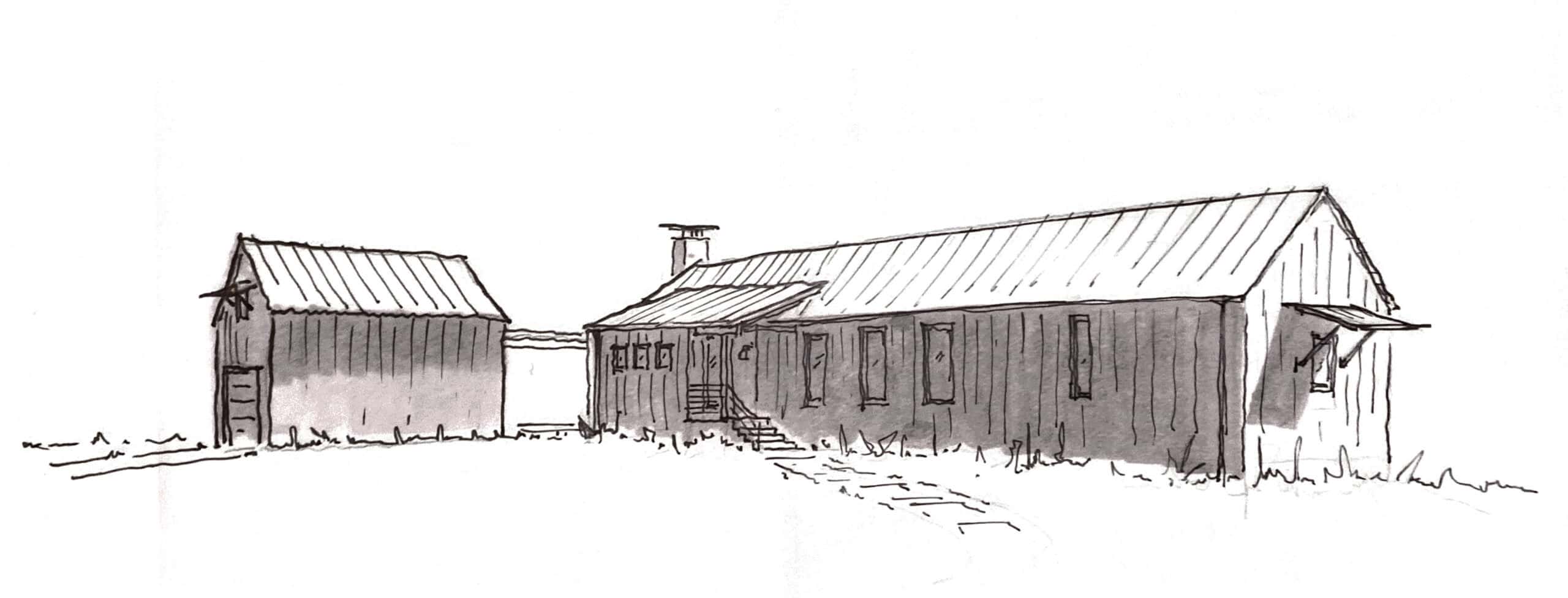 Sketch of a rustic farmhouse on the plains with outbuildings.