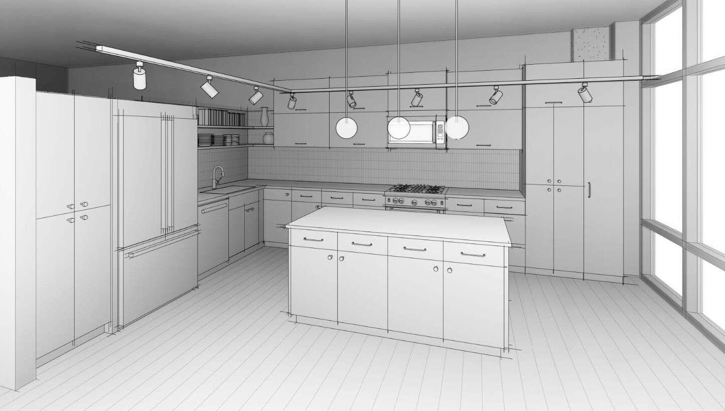 Modern white kitchen with island and large windows, Uptown Kitchen design.