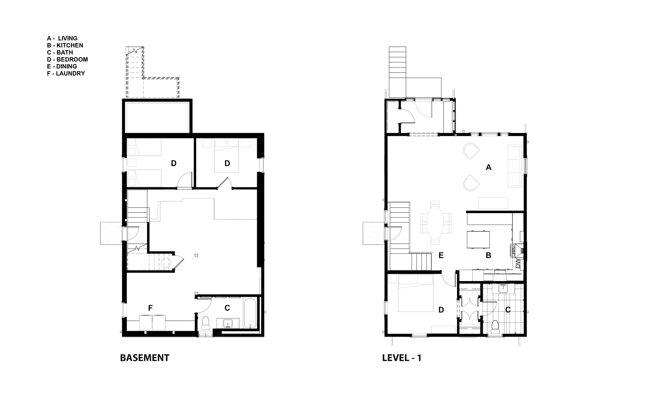 Floor plan of Greenwood Hideaway with basement and level 1 layouts.