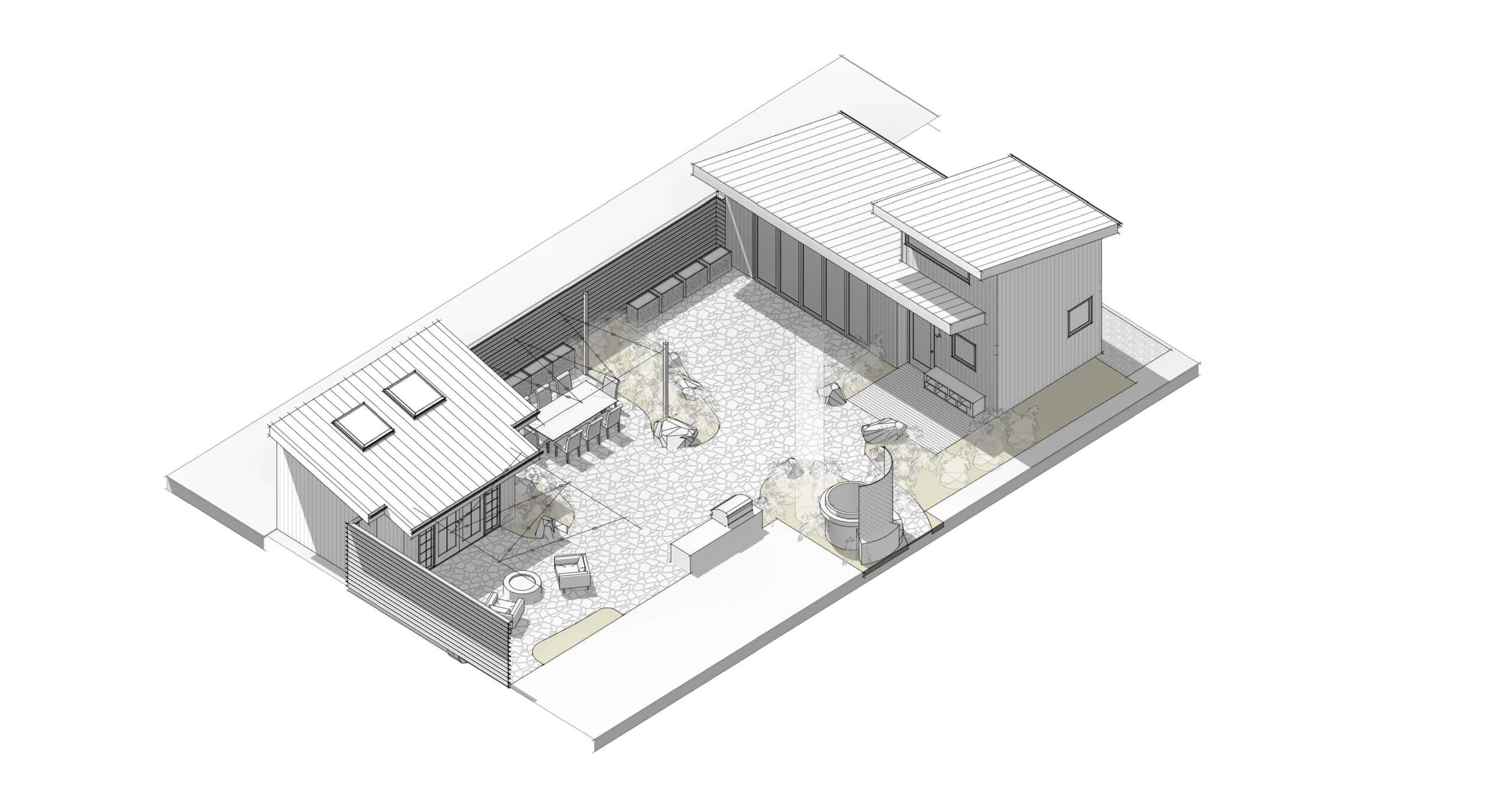 Modern architectural design of Greenwood Hideaway outdoor space with seating and landscaping.