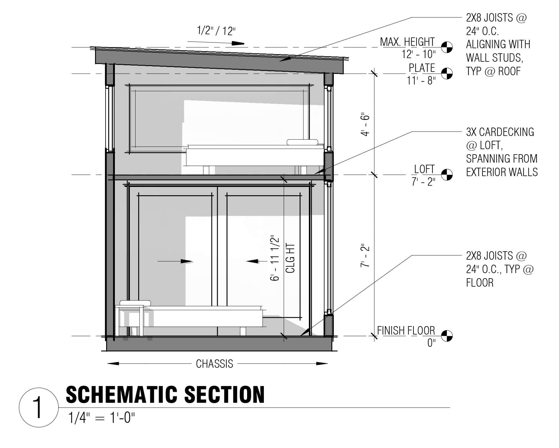 Architectural schematic section of Montera Cabins showing structural details.
