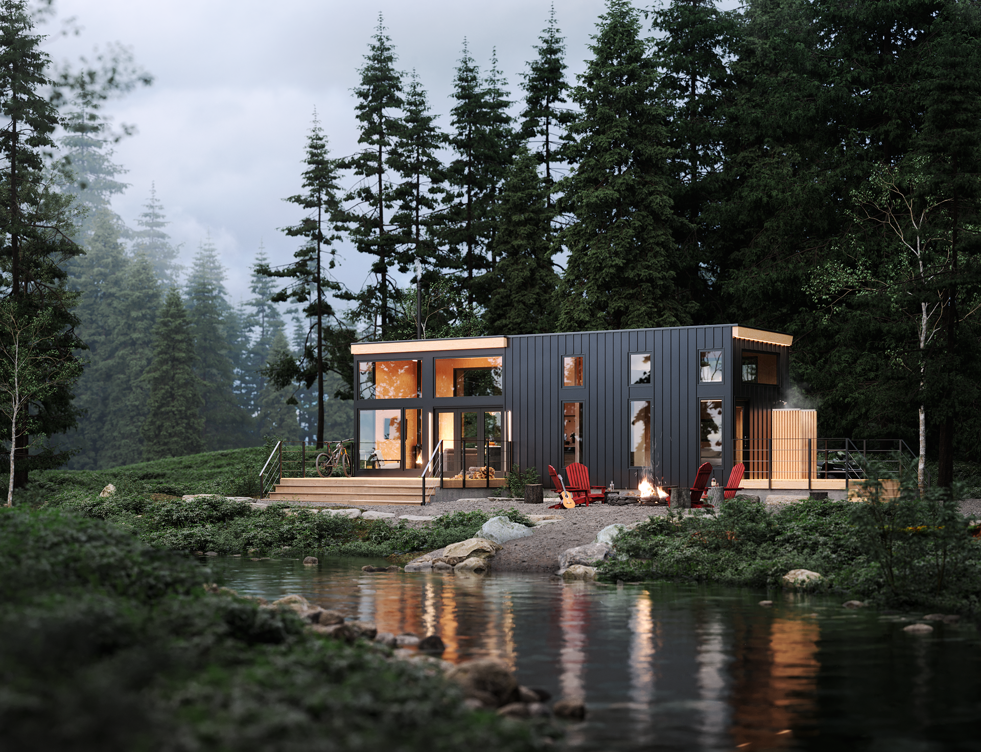 Modern cabin by a river surrounded by lush forest in a serene natural setting.