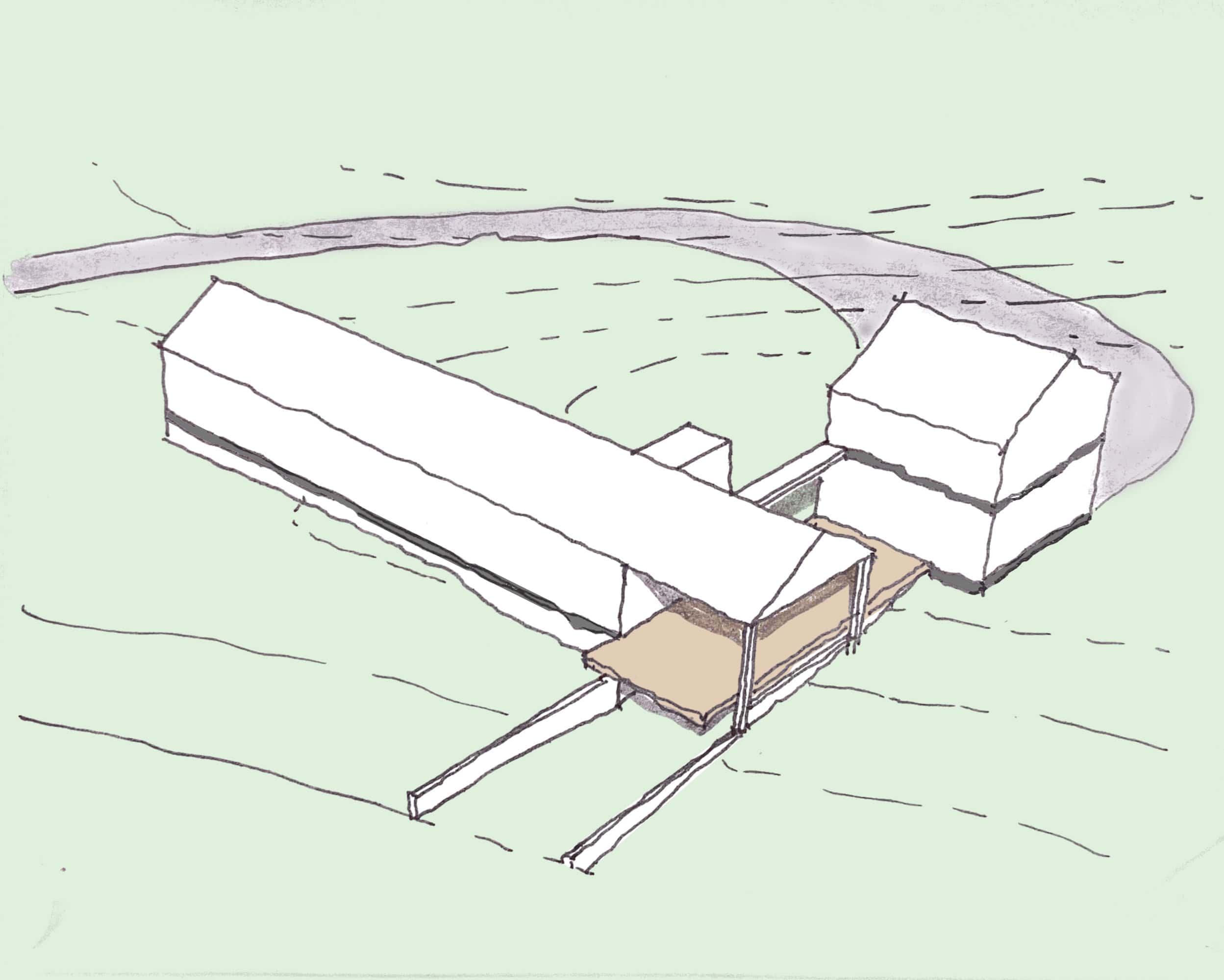 Sketch of a farmhouse on the plains with connected structures and a driveway.