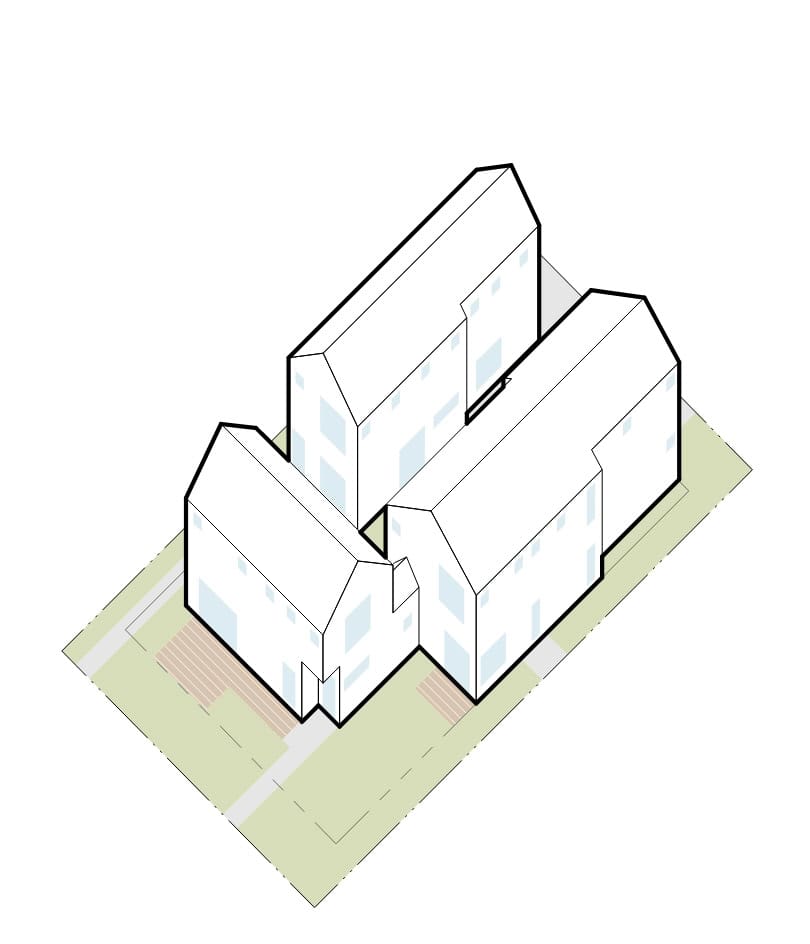 Architectural model of a modern community center with multiple interconnected buildings.
