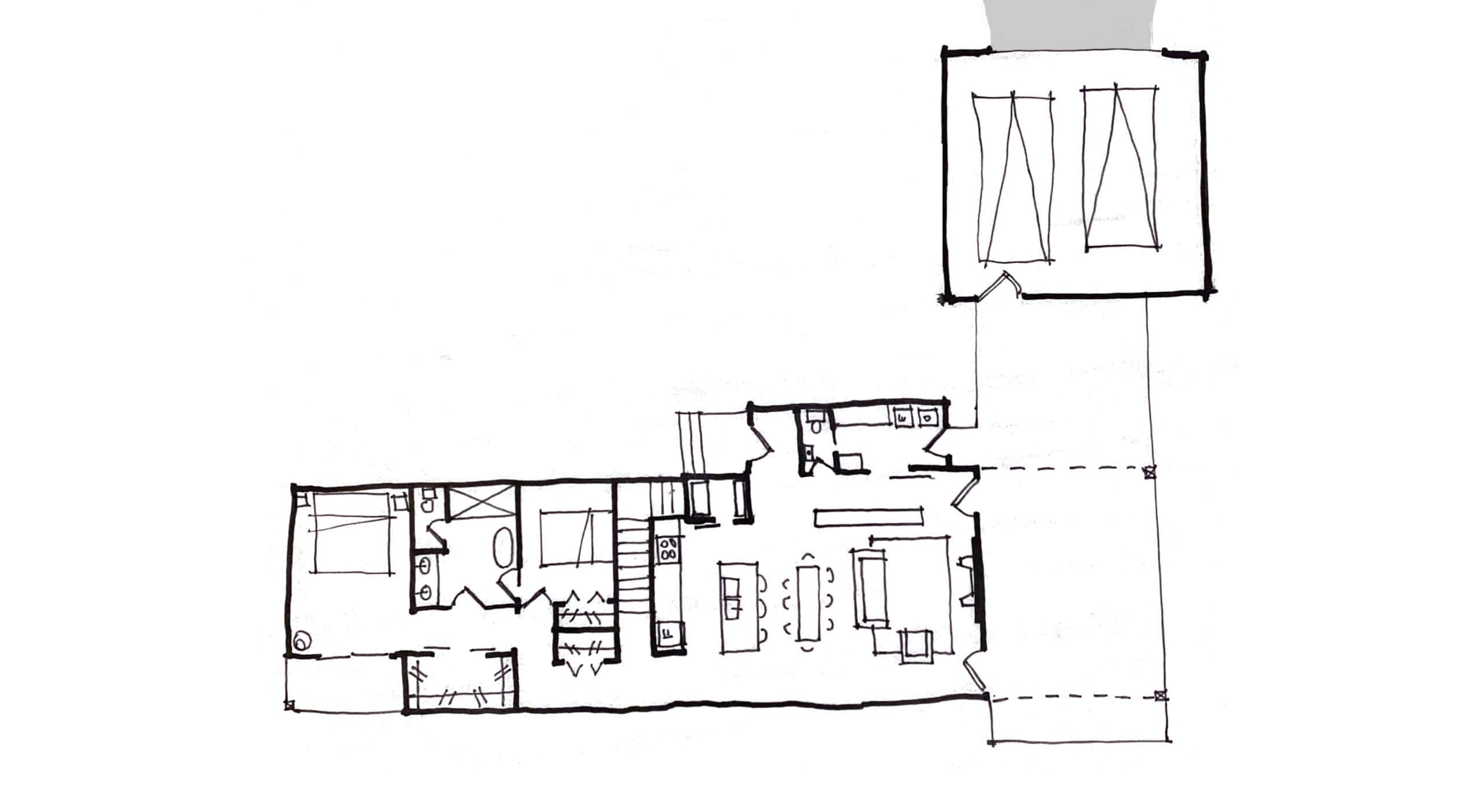 Architectural floor plan of a farmhouse on the plains with detailed room layout.