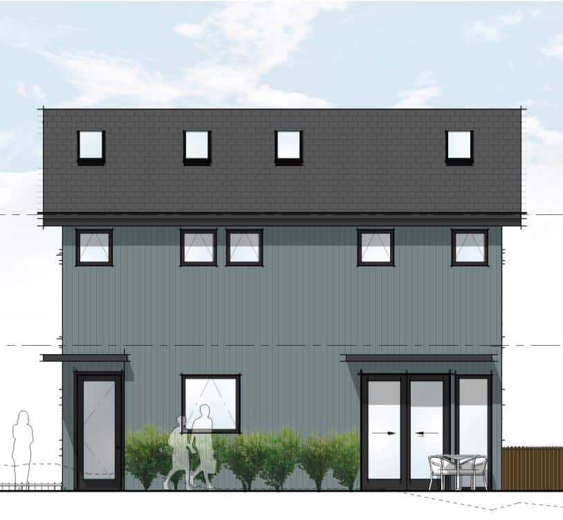 Modern residential building design with blue exterior and multiple windows.