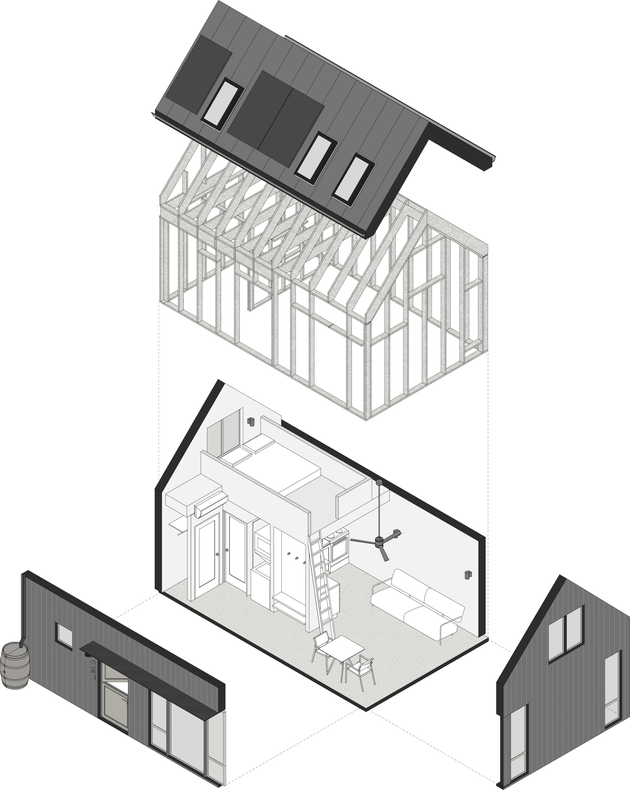 Exploded view of an ADU with structural framing, interior, and roof components.