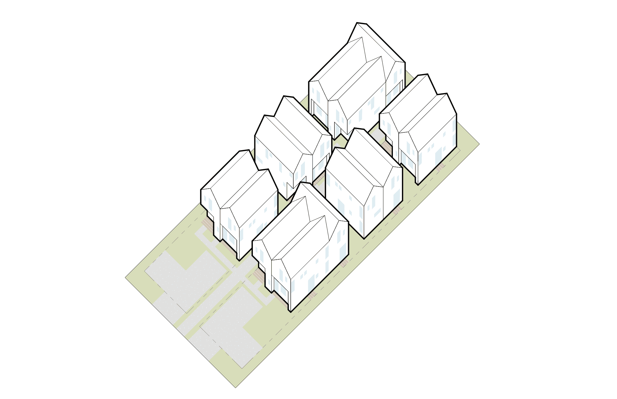 3D model of modern residential buildings at Beacon Hill Cottages.