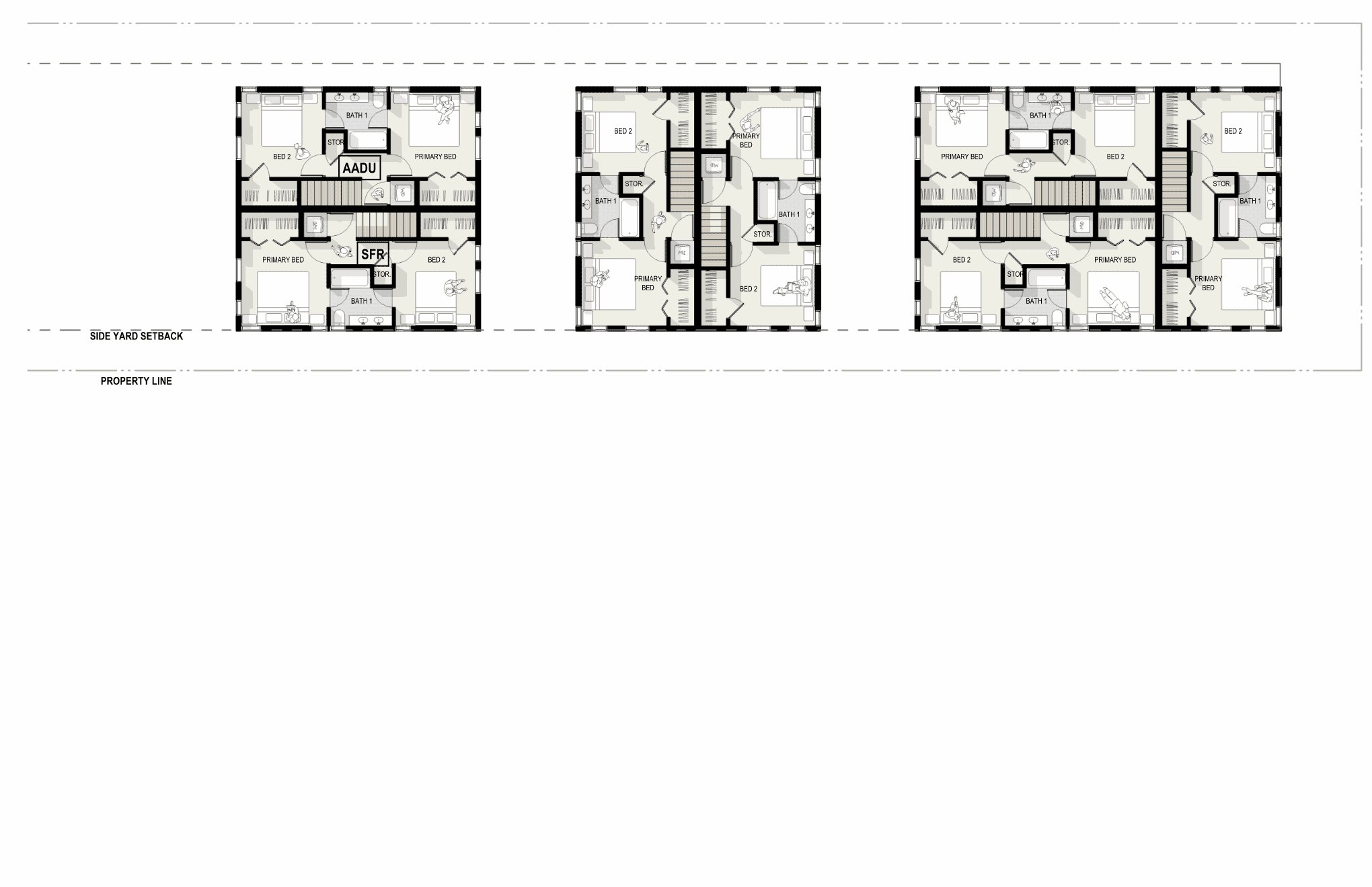 Architectural floor plans of Office of Ordinary Architecture's Beacon Hill Cottages.