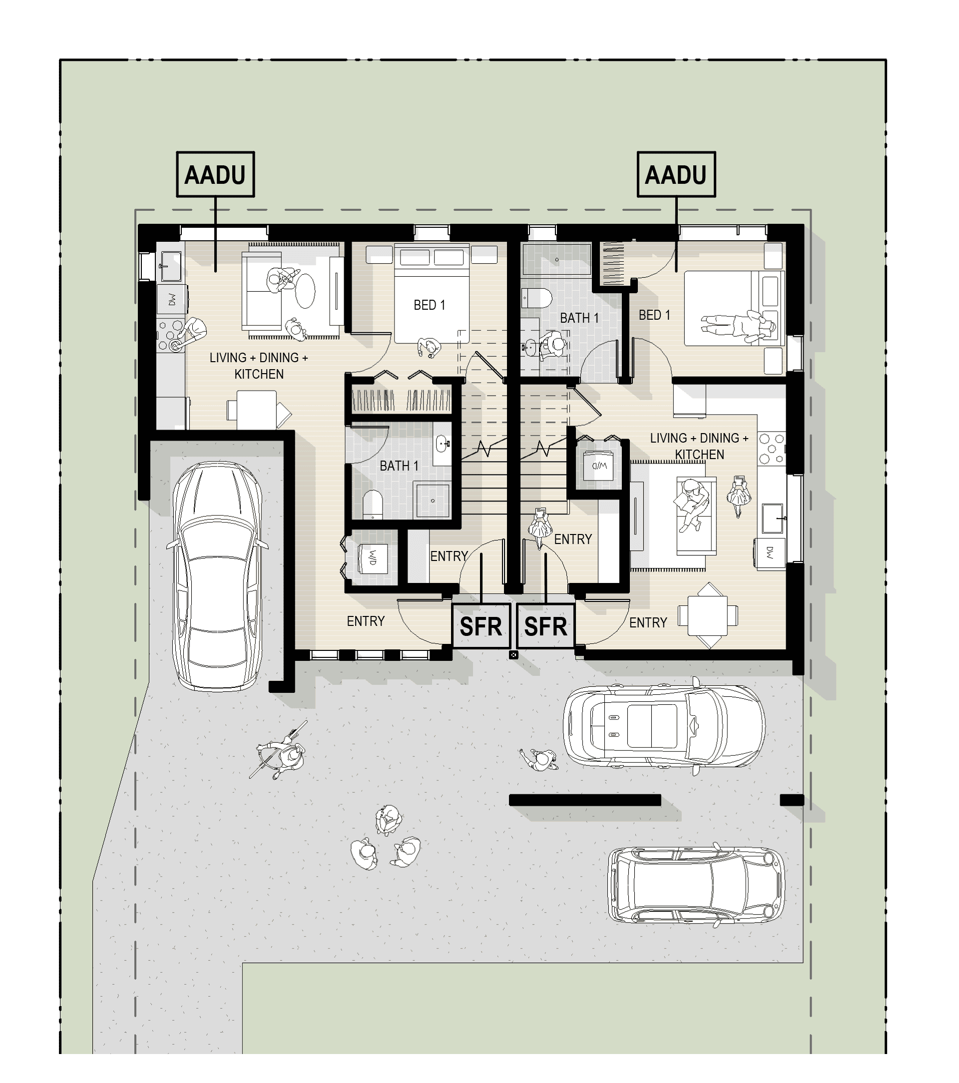 Detailed floor plan of urban infill residential building on Lane St.