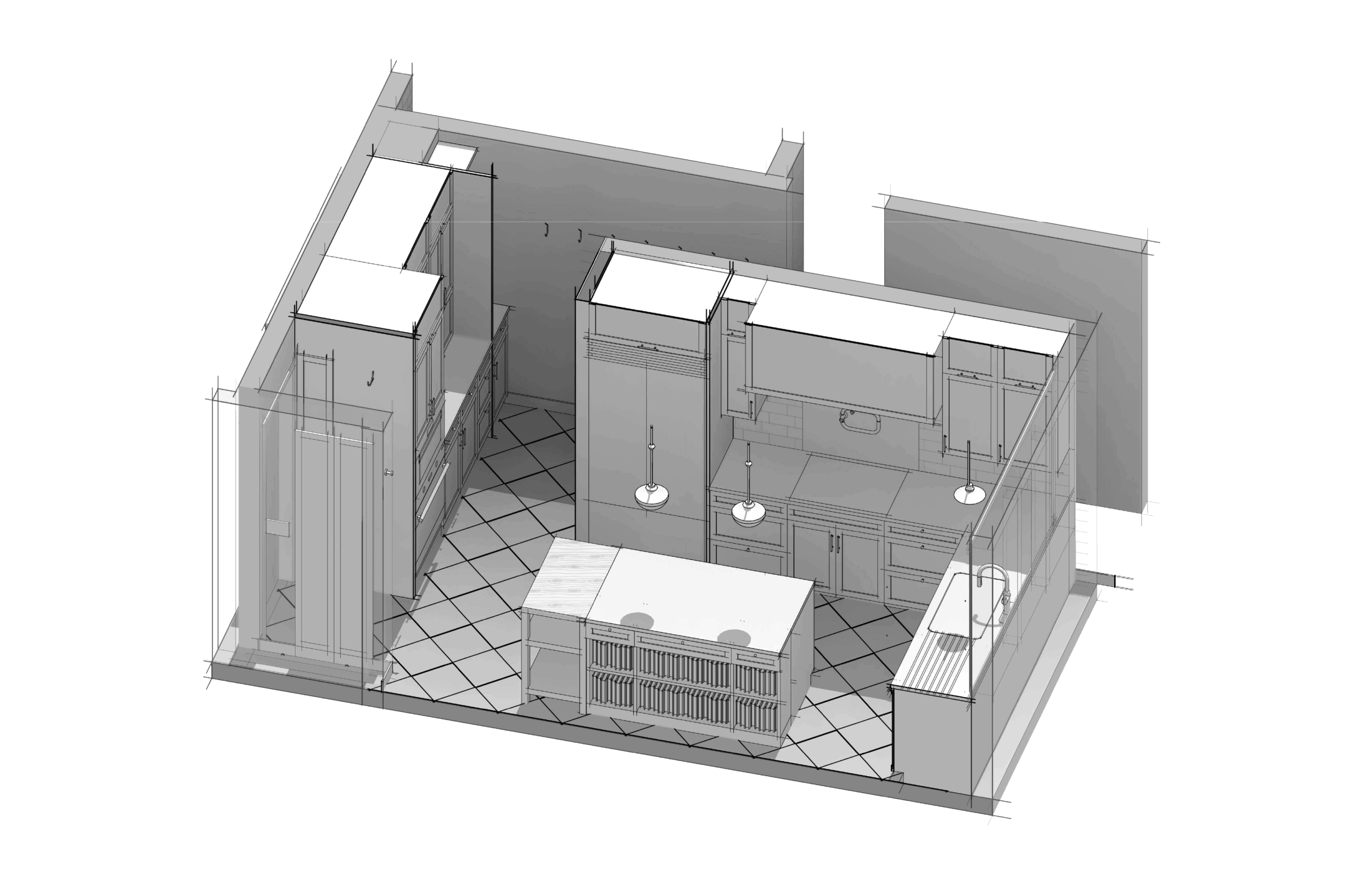 3D kitchen interior design plan with cabinets and appliances.