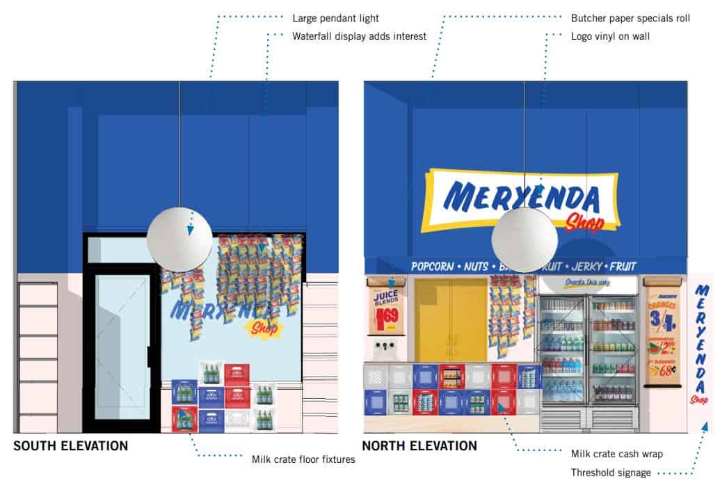 Interior view of Meryenda Snack Shop with colorful snacks and signage.
