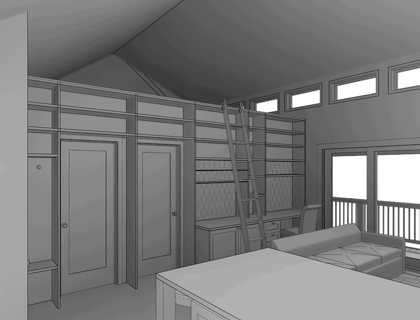 Interior design of an ADU with built-in storage and a cozy living space.
