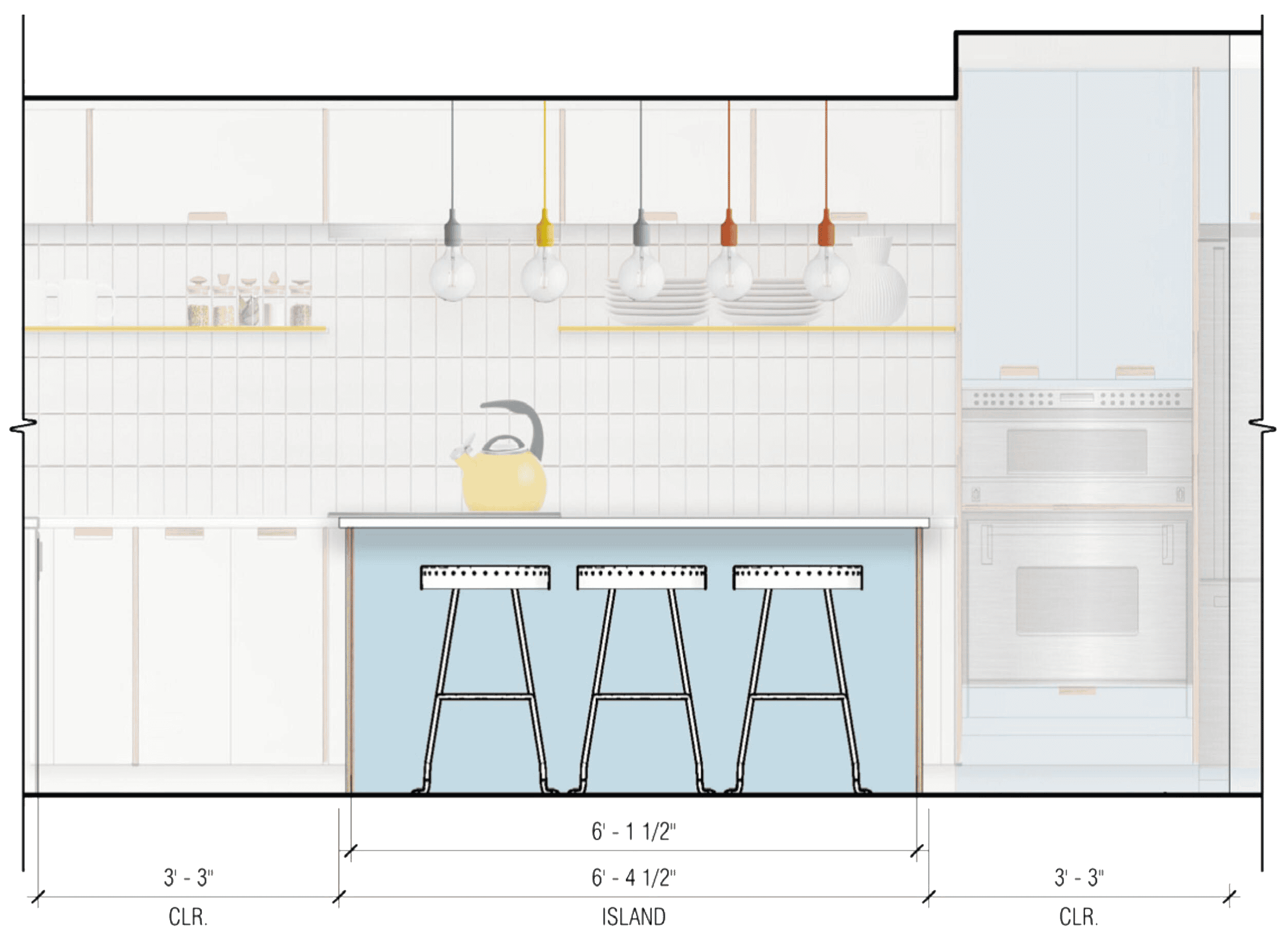 Modern kitchen interior with minimalist design and colorful pendant lights.