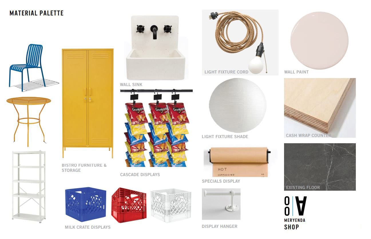 Material palette for Office of Ordinary Architecture with furniture and decor items.