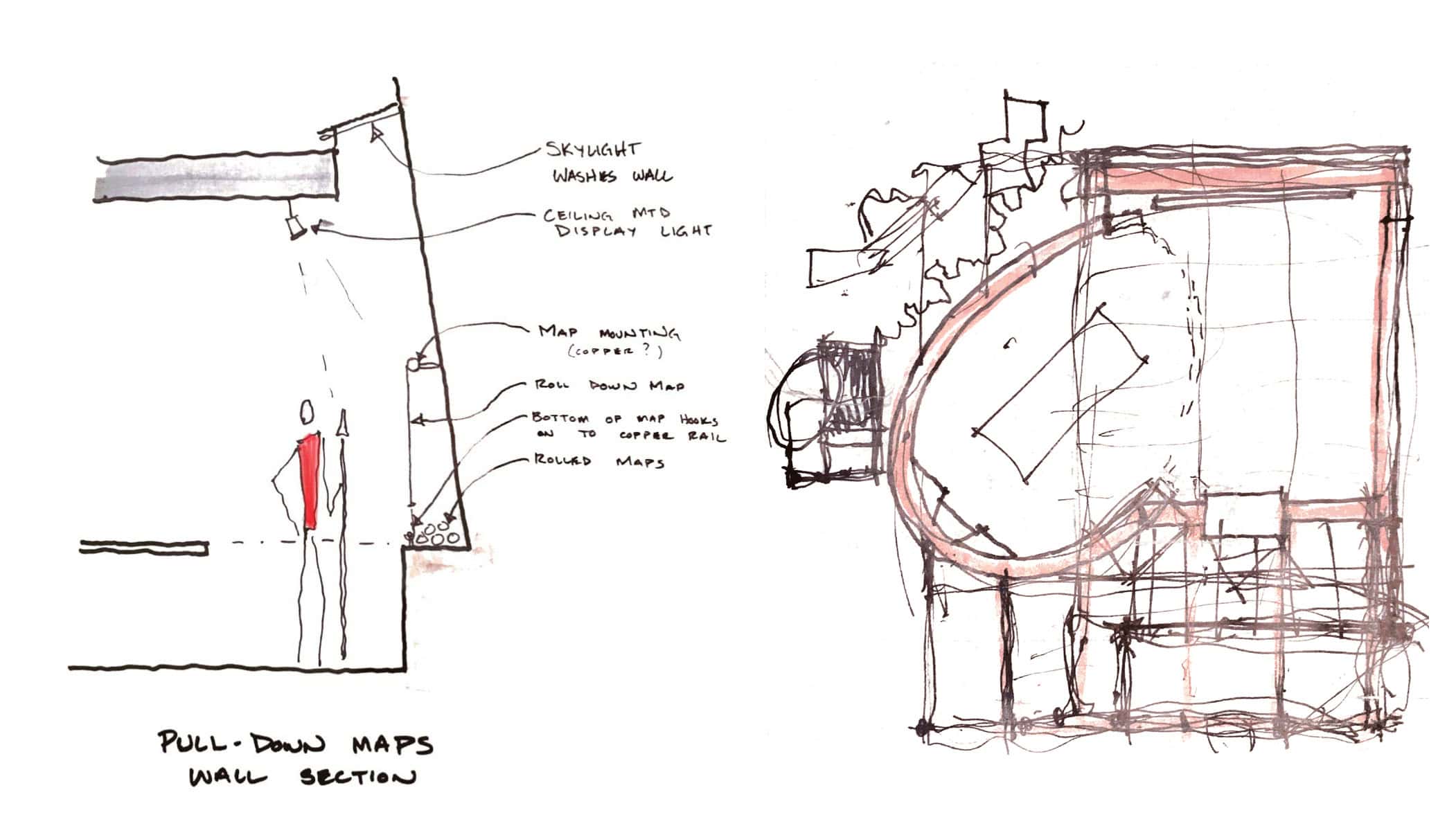 Sketch of wall section with map display and lighting details for Angama Map Room.