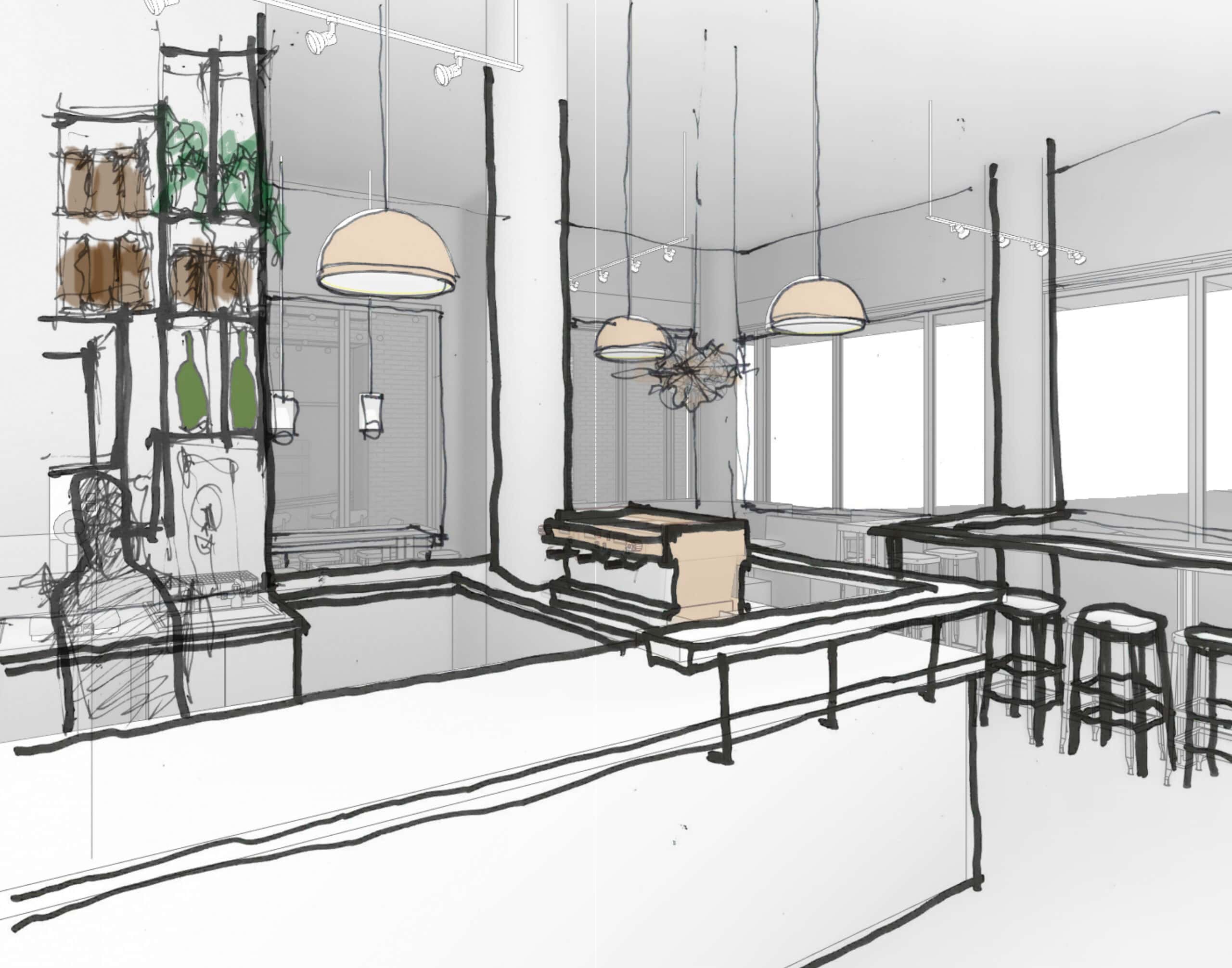Modern coffee shop interior with bar counter and seating area.