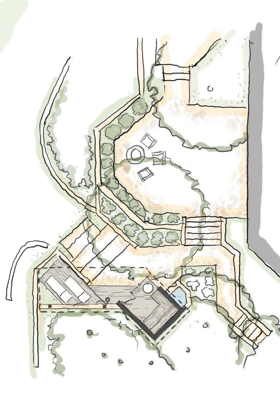 Architectural plan of waterfront sauna with landscape and pathway details.